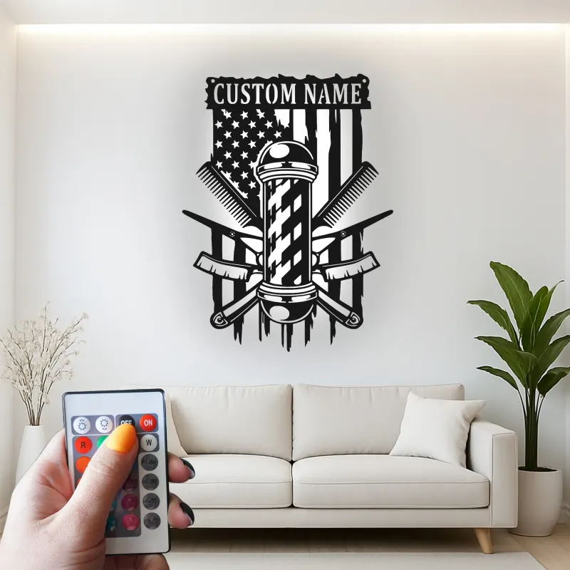 Cartel de metal LED personalizado de barbero con luz, regalo para barberías, decoración de salón para peluqueros