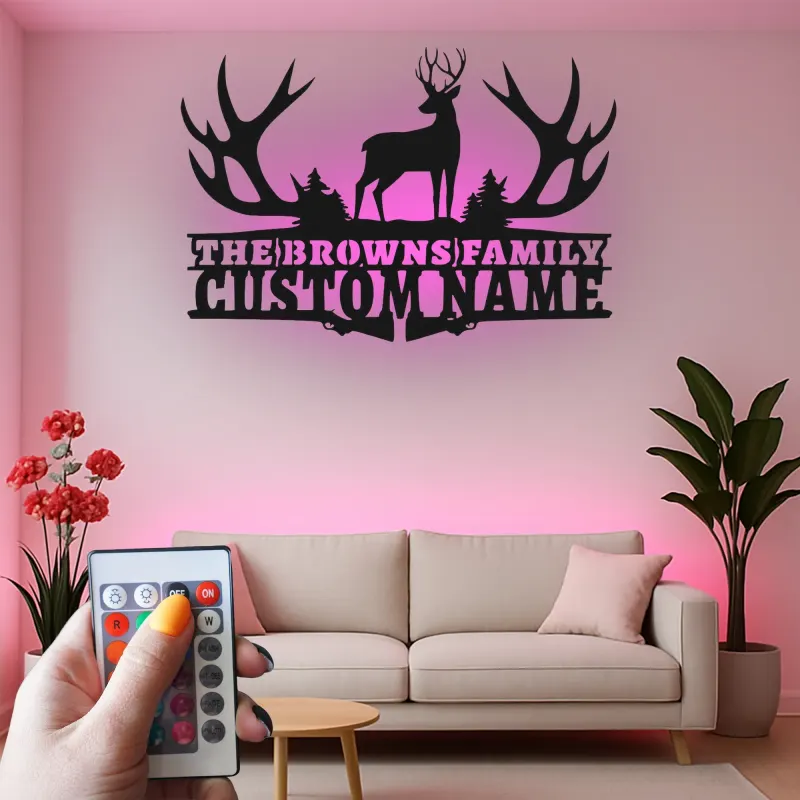 Insegna in metallo LED a forma di corna di cervo personalizzata - Regalo per nome di famiglia per decorazione rustica di cabin