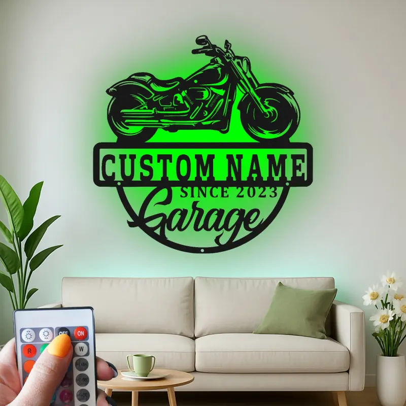 Cartel de moto LED personalizado | Decoración mural de metal para garaje | Regalo personalizado para moteros | Decoración para man cave iluminada