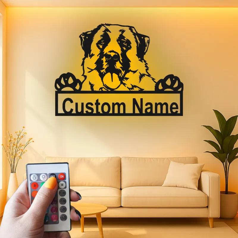 Décoration murale en métal LED personnalisée Saint Bernard - Cadeau pour amoureux des chiens, décoration pour salon