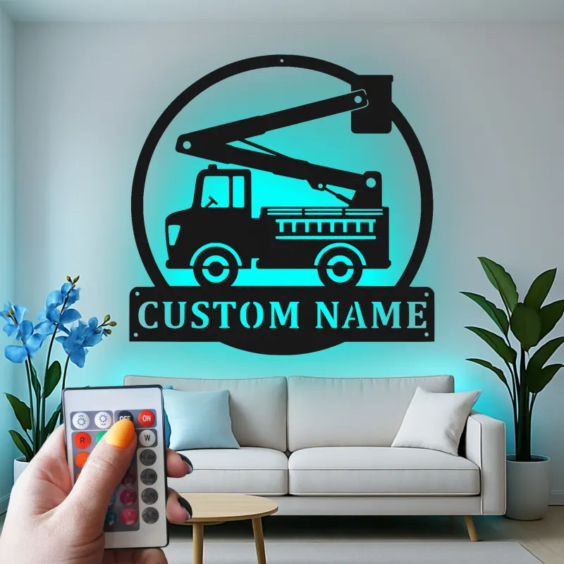 Panneau camion de pompiers personnalisé | Décoration murale LED personnalisée pour pompier | Décor de caserne et chambre d’enfant