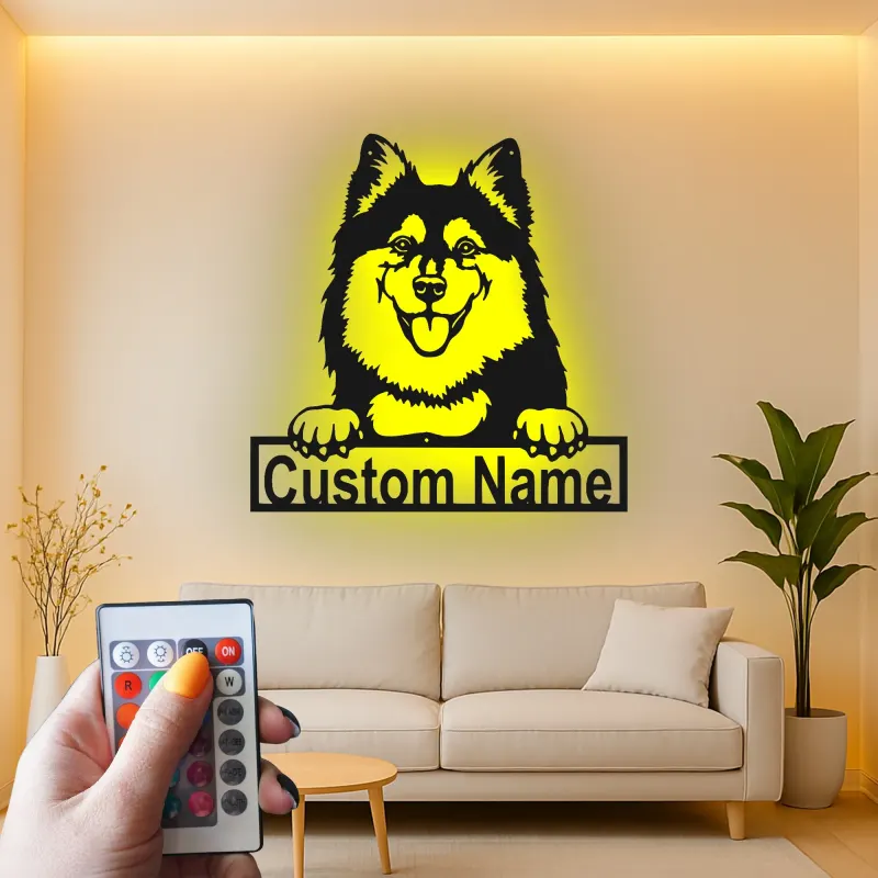 Décoration murale en métal personnalisée avec éclairage LED pour amoureux des chiens - Lapphund finlandais