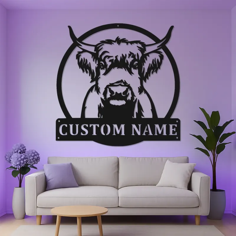 Décoration murale en métal Highland Cow | Enseigne LED personnalisée | Décor rustique sur mesure pour ferme et ranch | Cadeau d’accent maison pour les amoureux des vaches