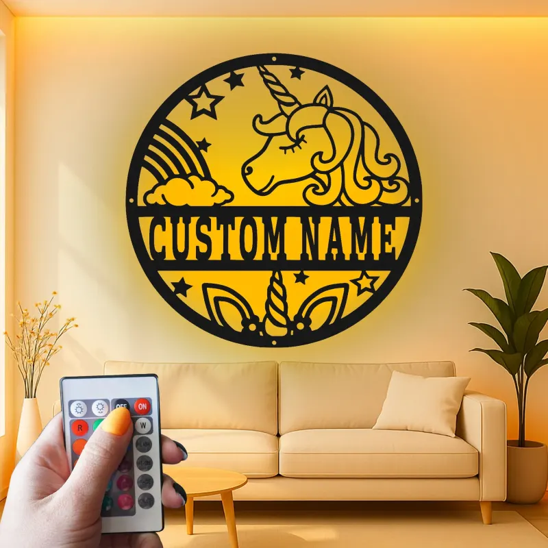 Décoration murale en métal personnalisée Licorne avec rétroéclairage LED Cadeau personnalisé pour enfants Décor de chambre magique