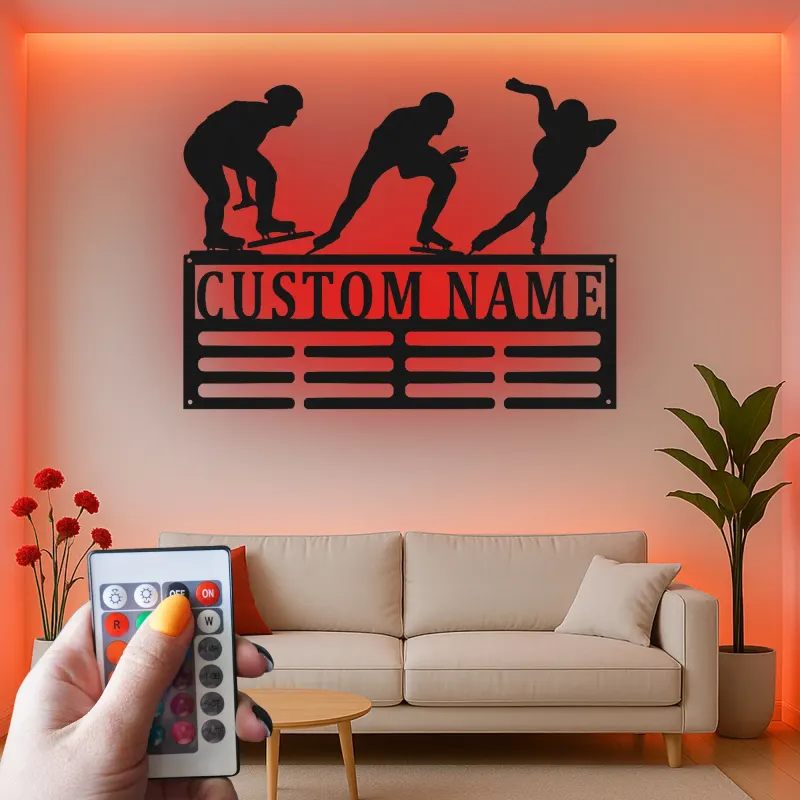 Individuelle LED Metall-Wandkunst für Eisschnelllauf | Personalisierte Silhouette eines Eiskunstläufers & Medaillenhalter | Geschenk für Sportler