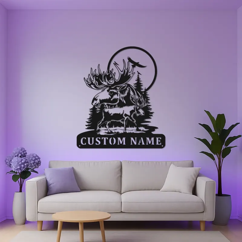 Panneau en métal personnalisé avec élan et aigle | Art mural rétroéclairé pour décoration de cabane rustique | Cadeau personnalisé pour amoureux de la nature