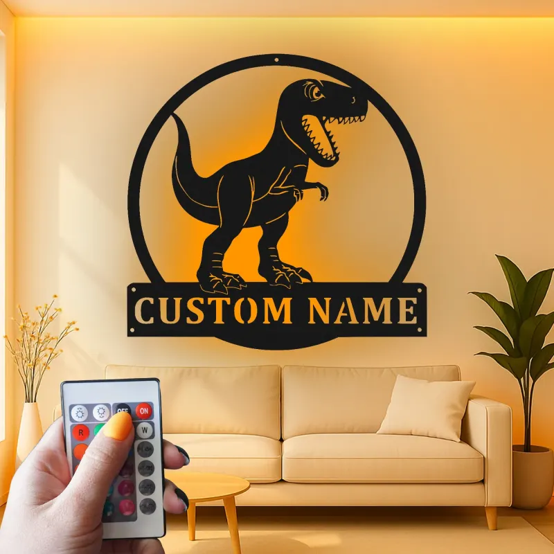 Cartel de metal personalizado de luz LED de dinosaurio T-Rex regalo personalizado para la habitación o sala de juegos de los niños 1