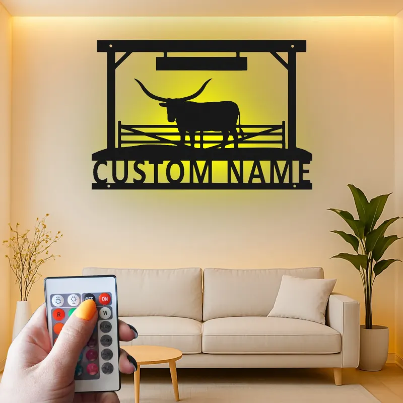 Texas Longhorn Metal Wall Art | Custom Ranch Sign with LED Lights | Personalized Farmhouse Decor for Cattleman