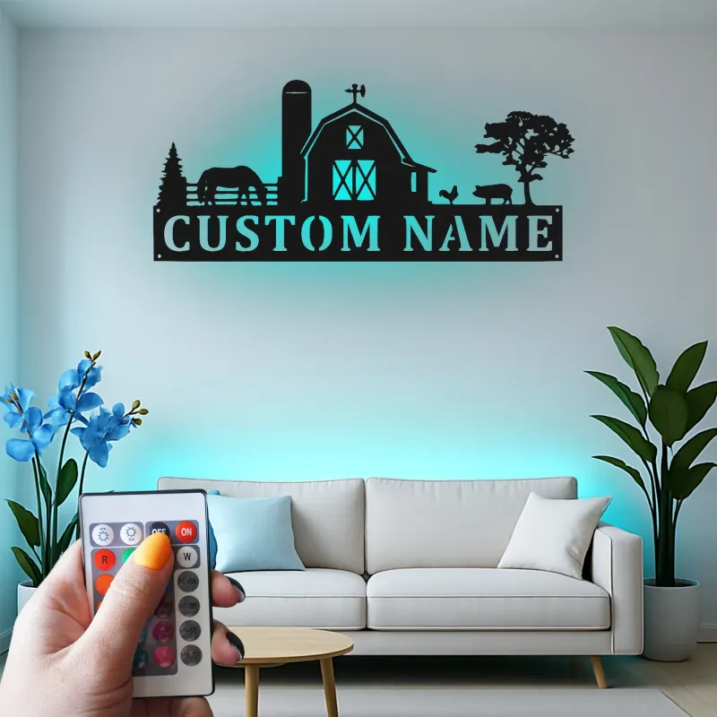 Personalized Farmhouse Sign with LED | Custom Metal Barn Art for Family Name | Rustic Country Home Decor & Farmer Gift