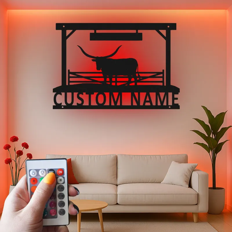 Texas Longhorn Metal Wall Art | Custom Ranch Sign with LED Lights | Personalized Farmhouse Decor for Cattleman