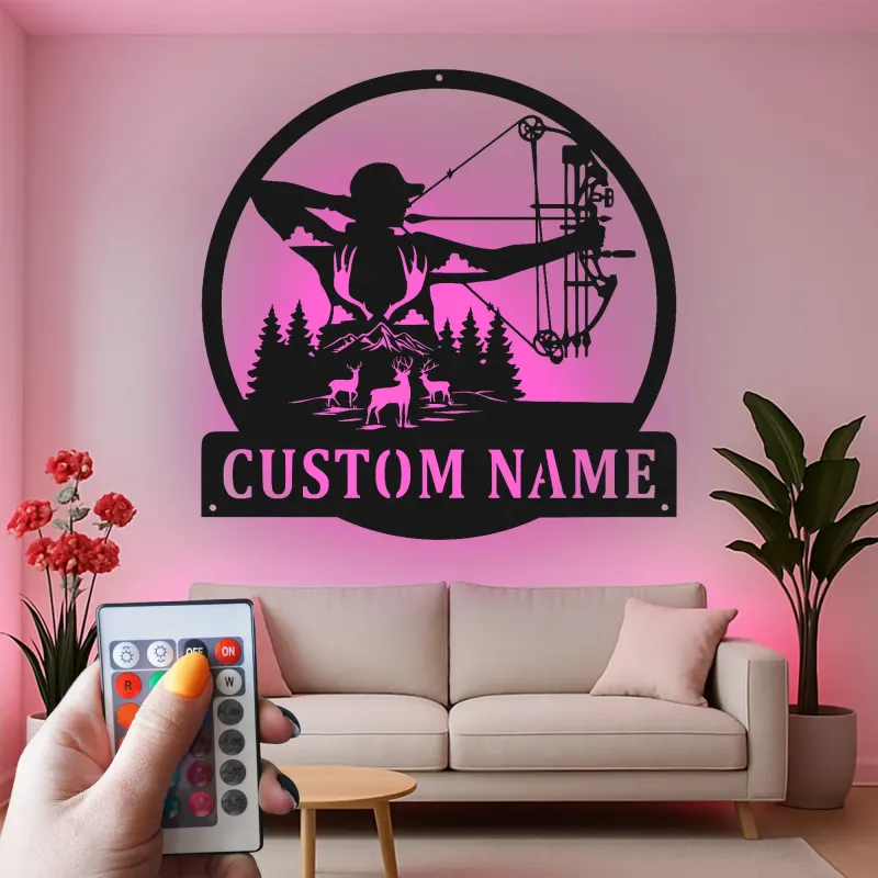 Insegna in metallo personalizzata con LED per cacciatori di archi, regalo personalizzato per arcieri, decorazione per cabin rustica