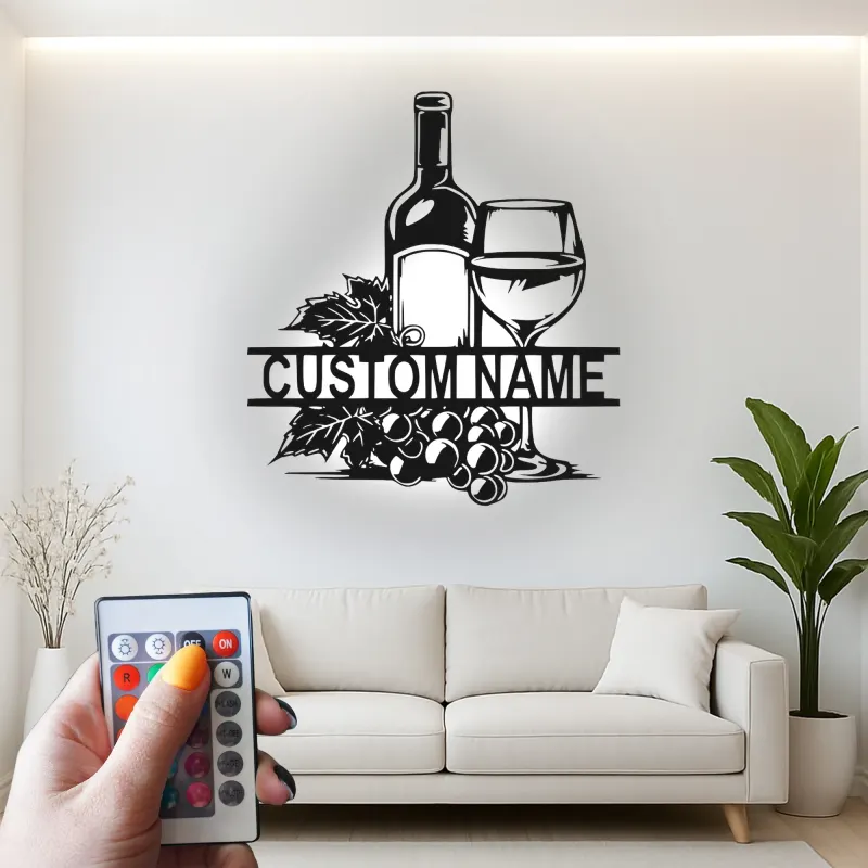 Décoration murale en métal personnalisée avec bouteille de vin et verre en rétroéclairage - Cadeau pour les amateurs de vin, décoration de cuisine ou de bar