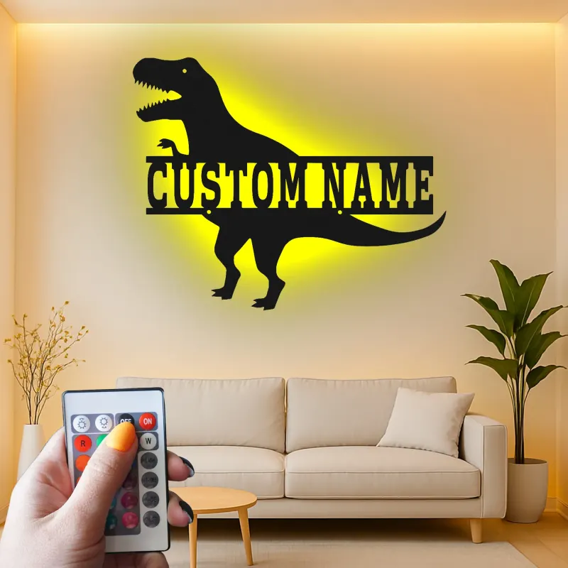 Insegna in metallo personalizzata T-Rex con luce LED regalo per la camera dei bambini decorazione per amanti dei dinosauri