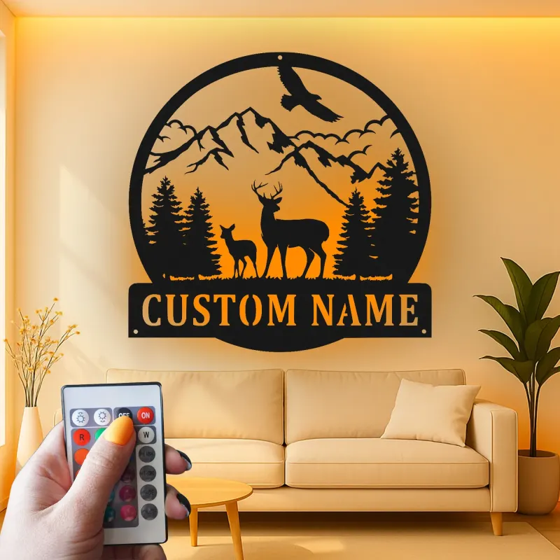 Personalisiertes LED-Metallschild für Berg-Reh-Szenen – Einzigartiges Geschenk für Naturfreunde, Dekoration für Berghütte oder Lodge