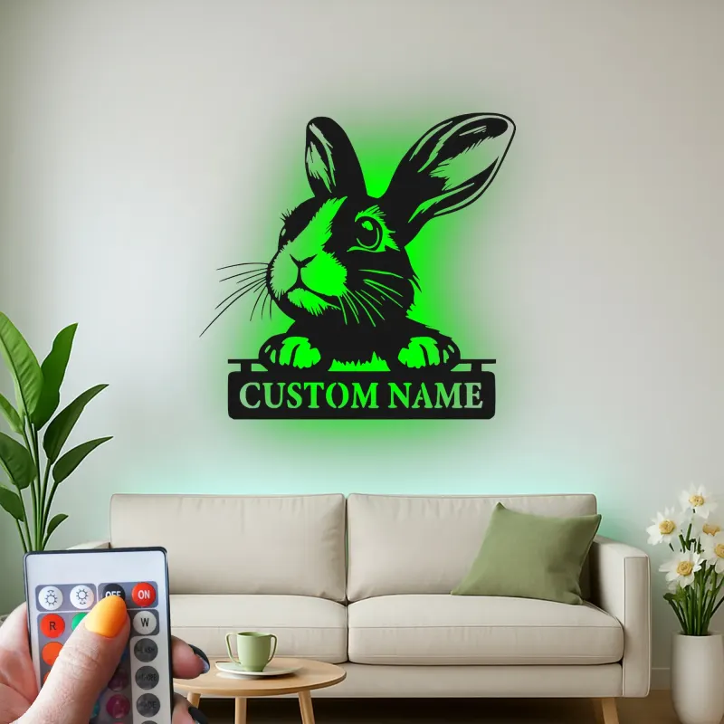 Insegna in metallo personalizzata con luce LED a forma di coniglio per amanti degli animali, regalo per asilo nido o decorazione per camera dei bambini
