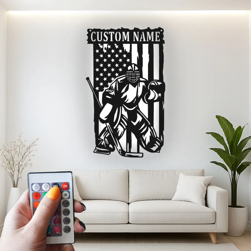 Cartel personalizado de portero de hockey | Decoración mural LED de metal personalizada | Decoración patriótica para cueva del hombre para aficionados al hockey