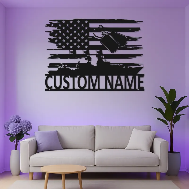 Personalized Navy Ship Metal Sign | Custom US Military Veteran Wall Art | American Flag LED Decor | Patriotic Gift for Him