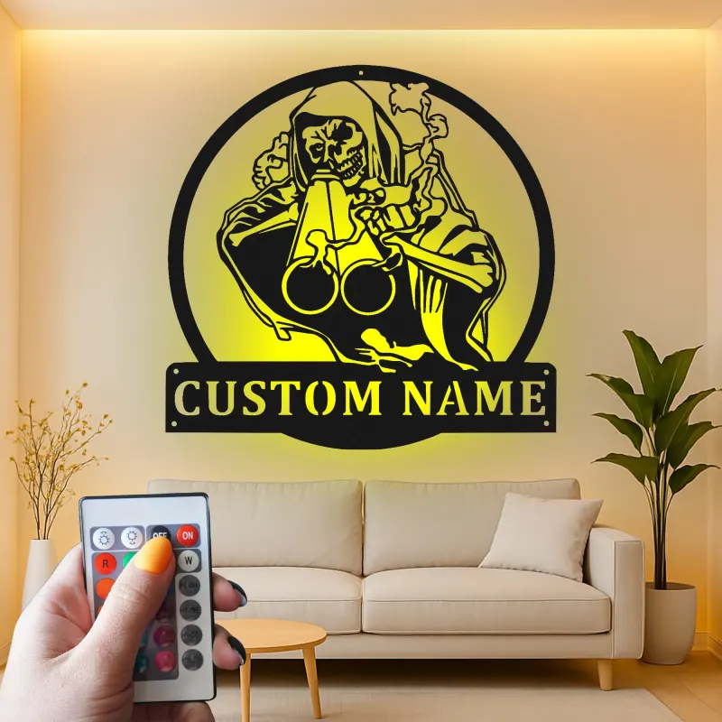 Grim Reaper LED Metal Sign | Custom Name Wall Art | Personalized Spooky Garage Decor & Halloween Gift