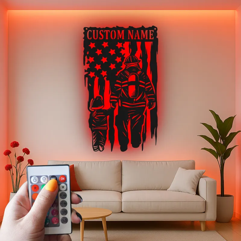 Cartel LED de Bombero Personalizado | Arte Mural de Metal Personalizado | Decoración Patriótica de Bombero para Papá | Regalo de Héroe Americano