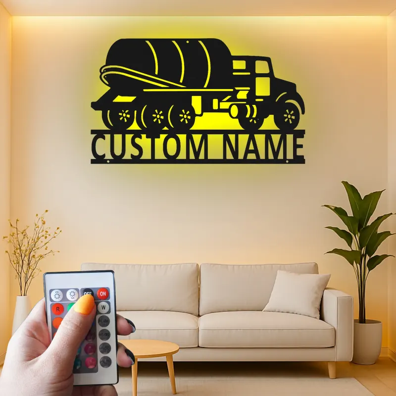 Custom Cement Mixer Truck Led Light Metal Wall Art Personalized Gift for Truck Enthusiasts Garage Wall Decor