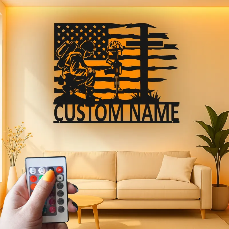 Kneeling Soldier Metal Sign | Custom Military Memorial Wall Art | Personalized Veteran Remembrance Gift with LED