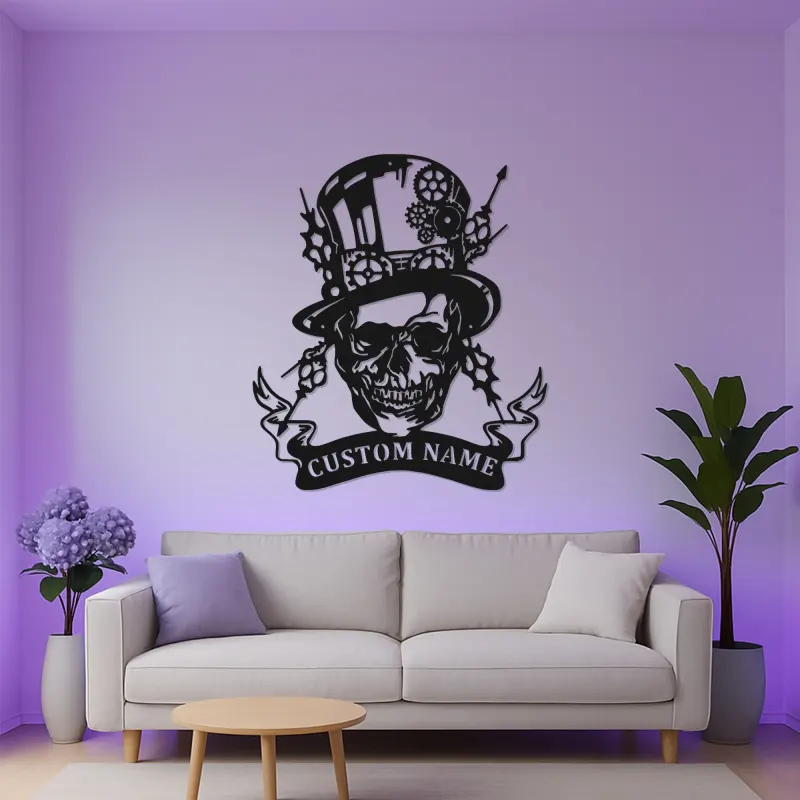 Insegna in metallo LED Teschio Steampunk | Insegna con Nome Personalizzato per Man Cave | Decorazione per Stanza di Gioco Gotica con Cappello a Cilindro e Ingranaggi
