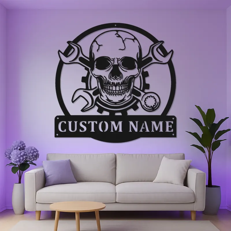 Cartel LED de Calavera Mecánica | Arte de Pared Personalizado para Garaje | Decoración de Taller Personalizada para Él | Luz de Man Cave Gearhead