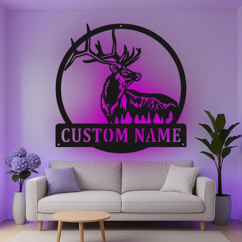 Personalisierte LED-Metall-Wandkunst mit Elch – Jagdgeschenk für Ihn, rustikale Hüttendeko