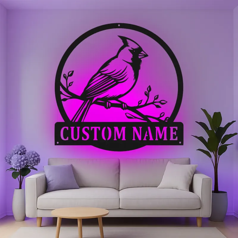 Décoration murale en métal personnalisée avec lumière LED en forme de cardinal - Cadeau pour amoureux de la nature - Décor de jardin ou de patio