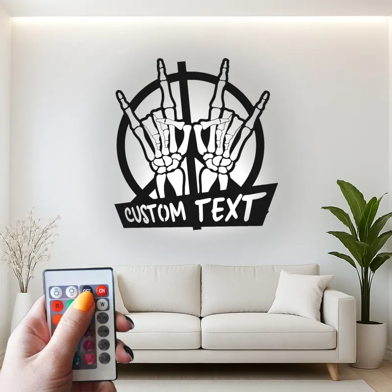 Insegna in metallo personalizzata con mano scheletrica e segno di pace luce LED regalo unico per fan della musica decorazione camera musicale