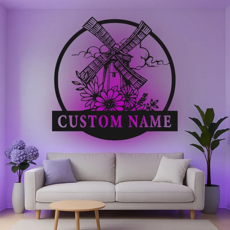 Personalisiertes LED-Metallschild mit Windmühlen-Motiv – Rustikales Geschenk für das Wohnzimmer