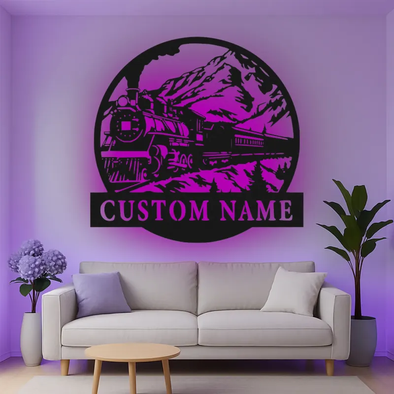 Décoration murale en métal personnalisée de train à vapeur avec rétroéclairage LED - Cadeau pour passionnés de trains, décoration pour salon ou bureau
