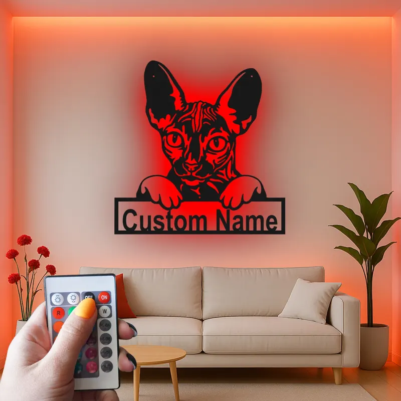 Insegna Personalizzata per Gatto Sphynx | Arte in Metallo LED da Parete Personalizzata | Regalo per Amanti dei Gatti Senza Pelo | Decorazione Moderna per Casa e Clinica Veterinaria