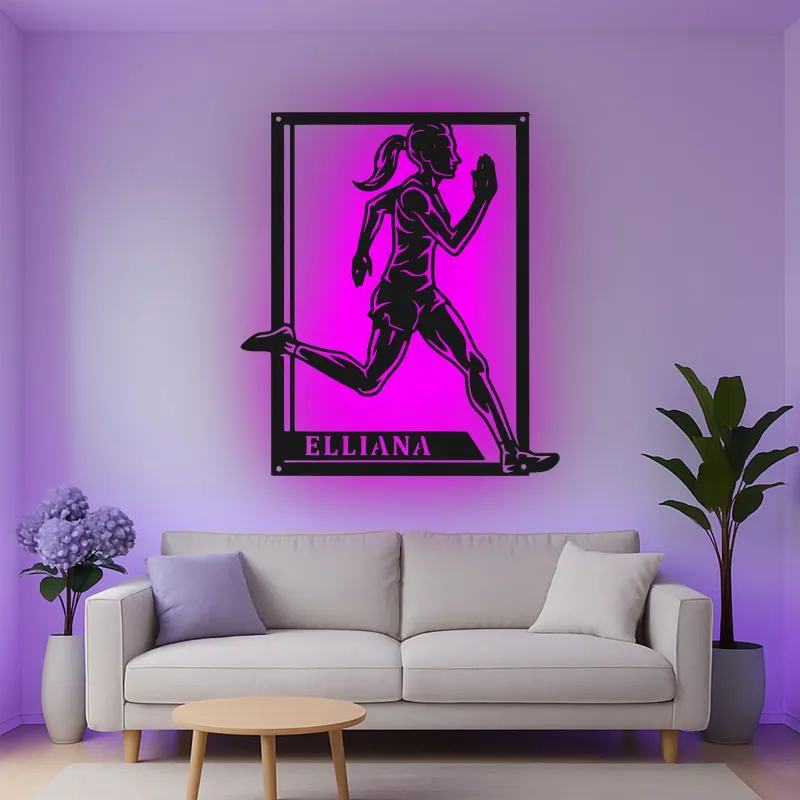 Custom Female Runner Led Light Metal Wall Art Personalized Athlete Gift Sports Room Decor for Running Enthusiasts