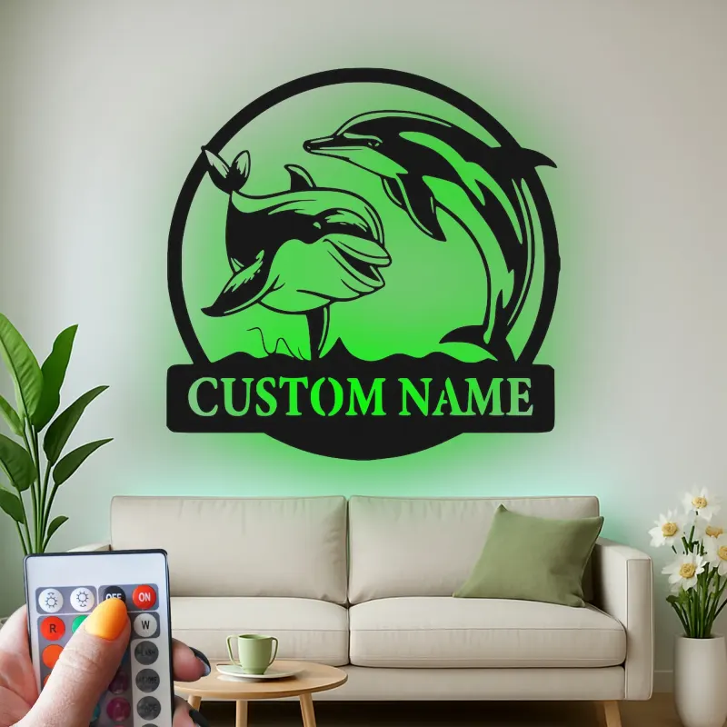 Insegna in metallo personalizzata con delfini retroilluminata, regalo per amanti dell'oceano, decorazione nautica per casa al mare