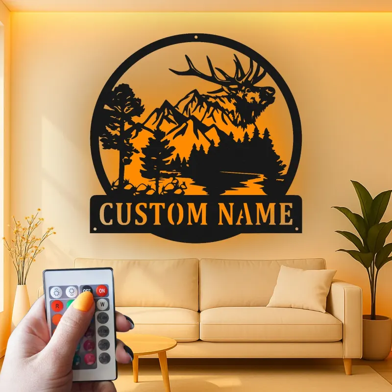 Custom Elk Mountain Scene Led Light Metal Wall Art Personalized Gift for Nature Lovers Cabin or Lodge Decor
