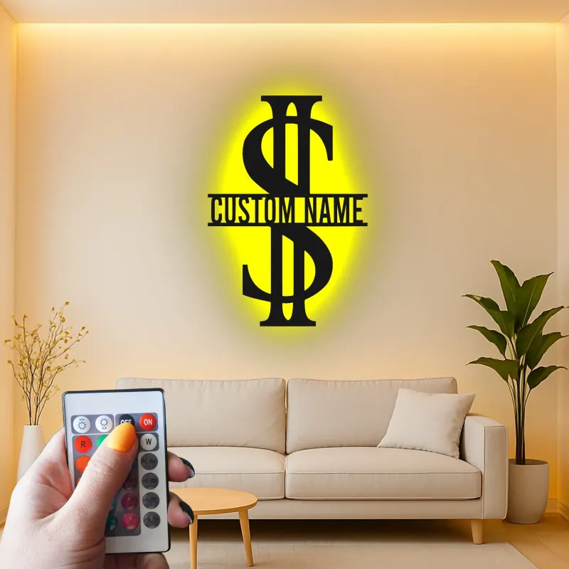 Décoration murale en métal personnalisée en forme de signe dollar avec rétroéclairage LED - Cadeau personnalisé pour entrepreneurs - Décor de bureau ou de salle de loisirs