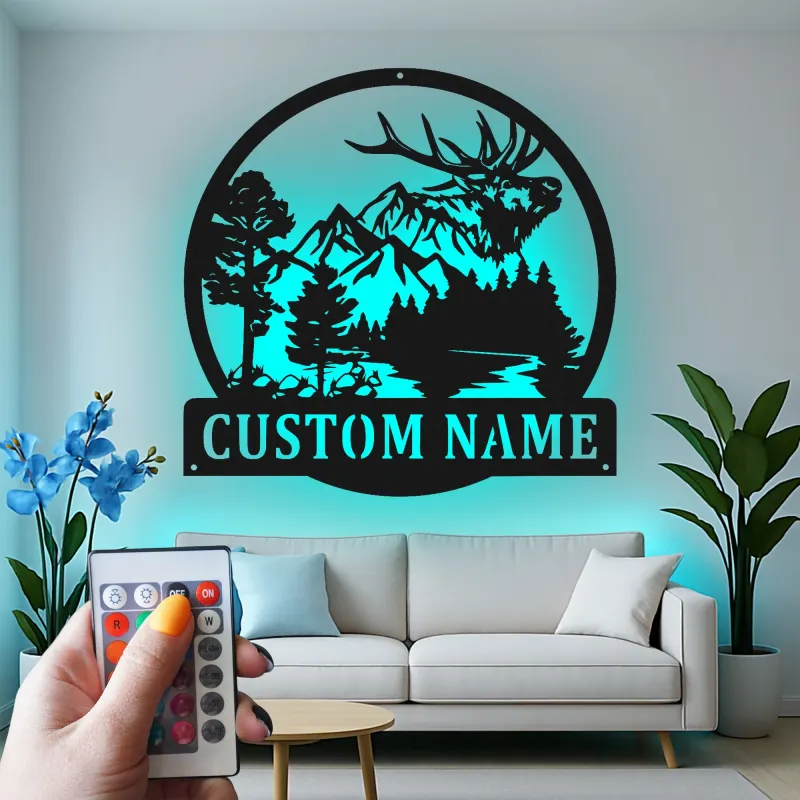 Custom Elk Mountain Scene Led Light Metal Wall Art Personalized Gift for Nature Lovers Cabin or Lodge Decor