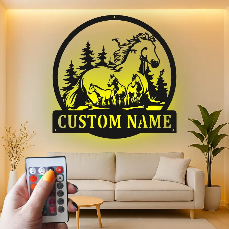 Letrero familiar de caballos personalizado | Decoración mural LED de metal | Decoración ecuestre a medida para casa de campo | Regalo para amantes de los caballos