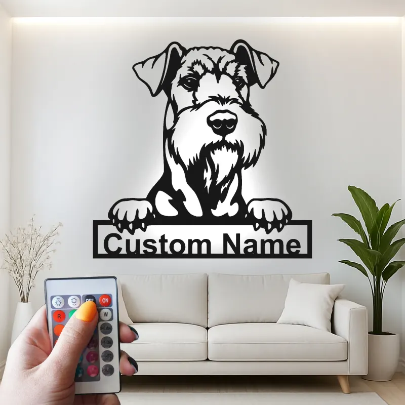 Personalisierte Schnauzer LED-Leuchte | Individuelle Metall-Wandkunst | Realistisches Haustierporträt-Dekor | Hinterleuchtetes Geschenk für Hundeliebhaber