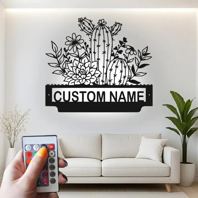 Custom Cactus Succulent Led Light Metal Wall Art Personalized Gift for Plant Lovers Bedroom or Living Room Decor