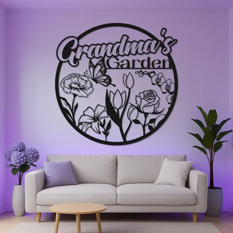 Cartel personalizado del jardín de la abuela | Arte mural de metal LED | Decoración floral de mariposa personalizada | Regalo del Día de la Madre para Nana