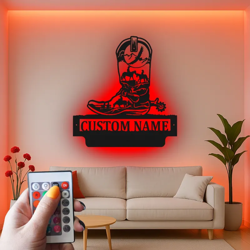 Custom Cowboy Boot Led Light Metal Wall Art Western Gift for Ranchers Rustic Farmhouse Decor
