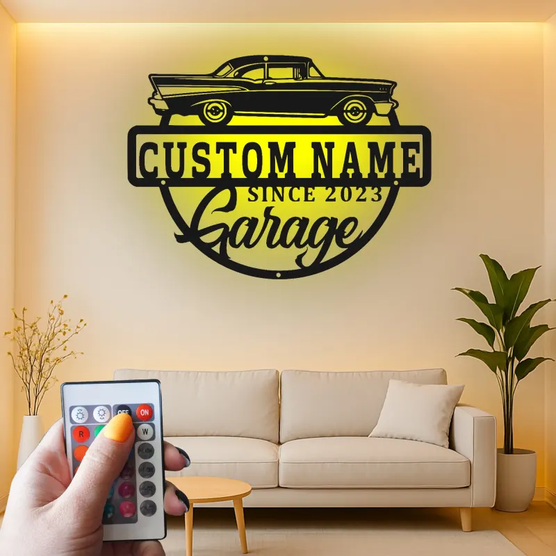 Enseigne LED en métal voiture classique personnalisée | Déco de garage vintage personnalisée | Art mural rétroéclairé pour man cave | Cadeau unique pour passionnés d’auto