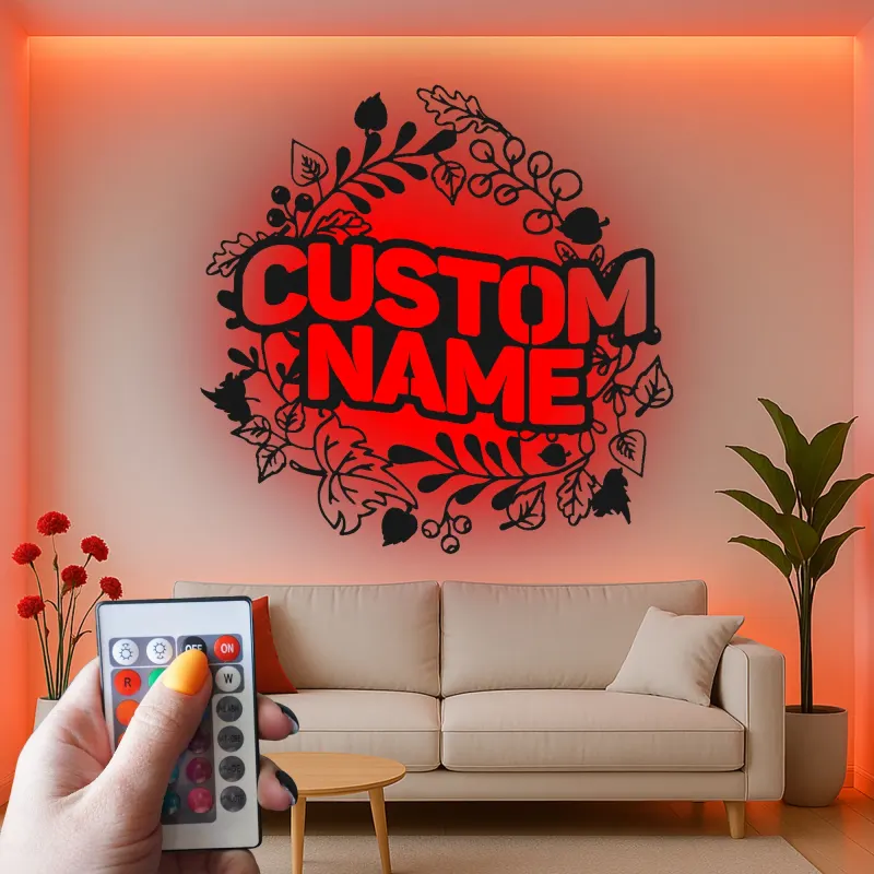Cartel de nombre personalizado con LED | Arte mural de metal floral personalizado | Decoración moderna de granja | Regalo de boda para parejas