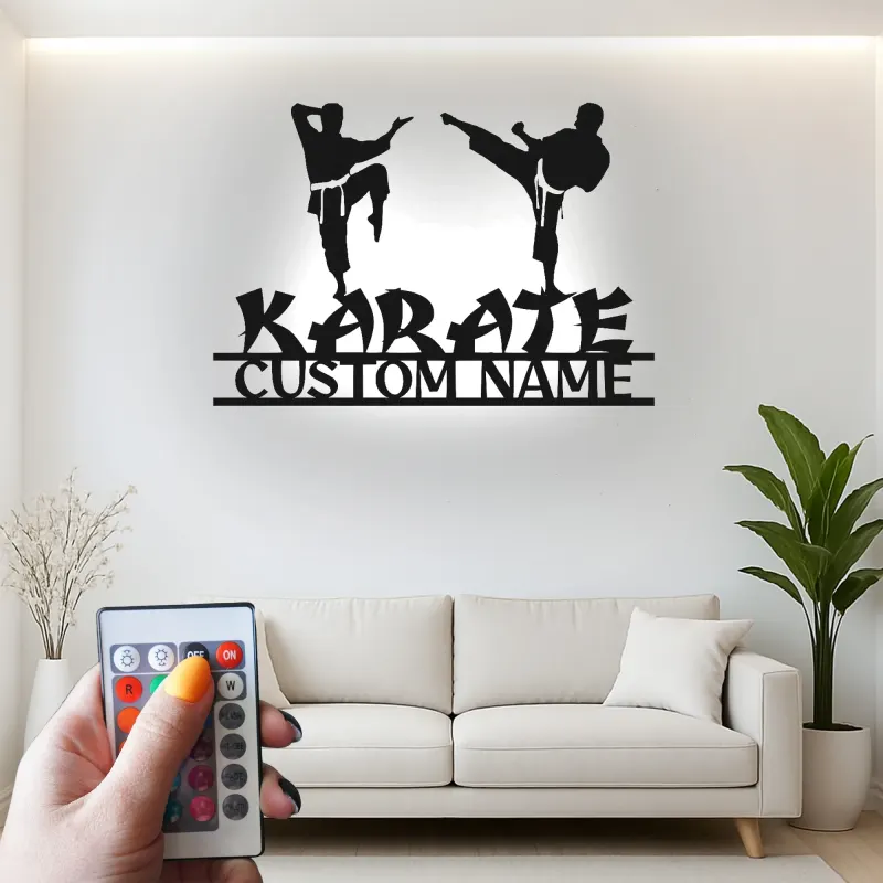 Insegna LED personalizzata per Karate | Arte in metallo personalizzata | Decorazione per dojo di arti marziali | Regalo silhouette per combattenti