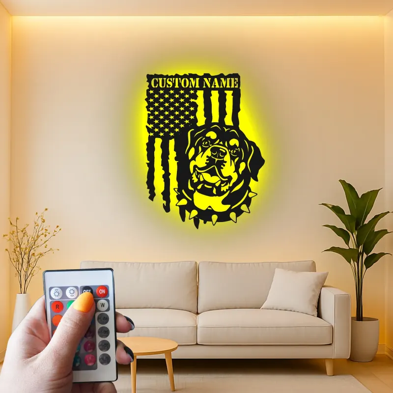 Rottweiler Metal Wall Art | Personalized LED Name Sign | Patriotic American Flag Decor | Custom Dog Lover Gift