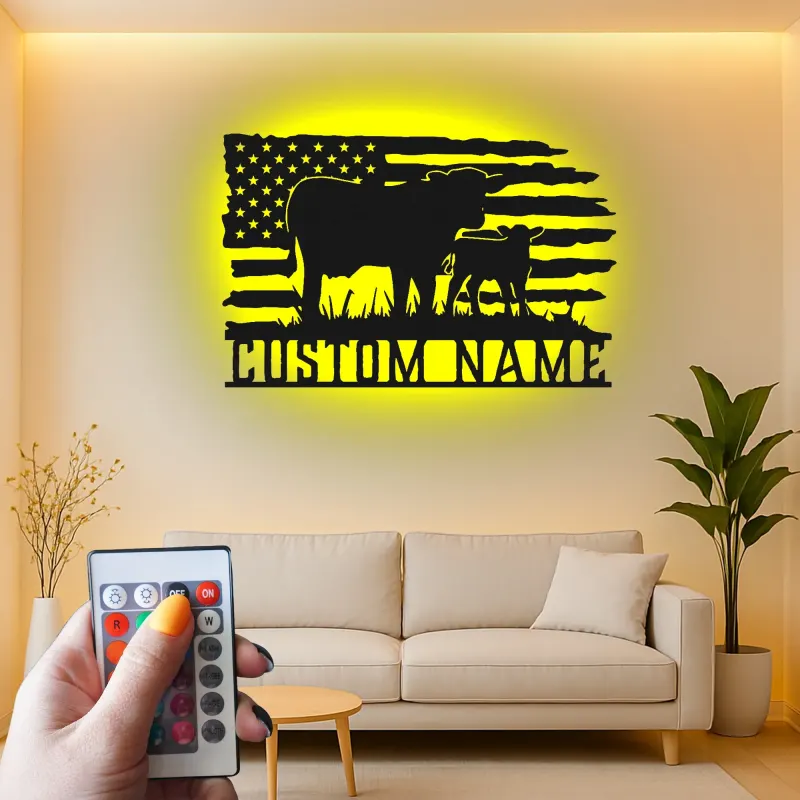 Personalisierte Kuh-und-Kalb LED-beleuchtete Metall-Wandkunst mit amerikanischer Flagge – Landhausgeschenk für Landwirte, rustikale Wohndeko