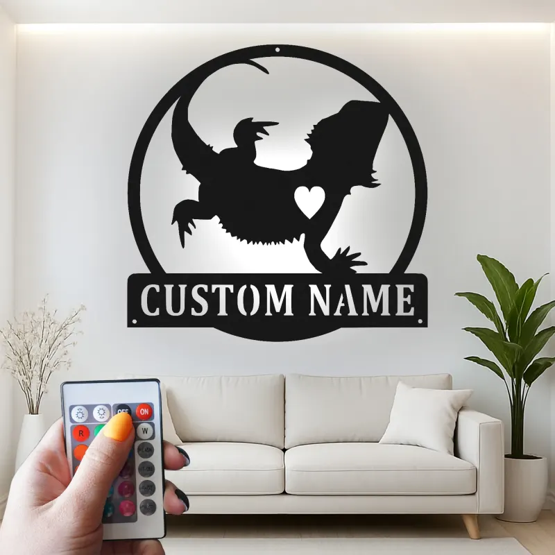 Cartel de metal personalizado con luz LED de dragón barbudo Regalo para amantes de reptiles Decoración de dormitorio o salón 2