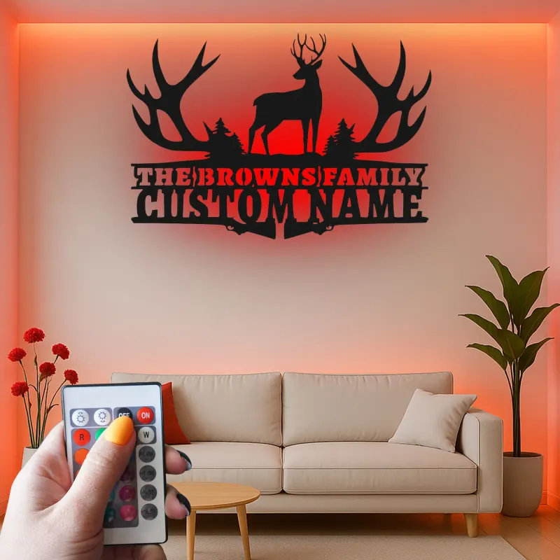 Insegna in metallo LED a forma di corna di cervo personalizzata - Regalo per nome di famiglia per decorazione rustica di cabin